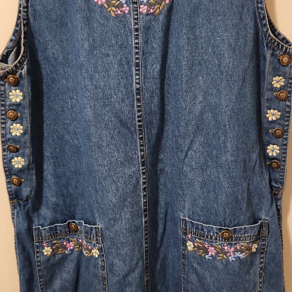 Jane Ashley Womens Vintage Denim Dress M Maxi w Floral Embridered Neck Pockets - Picture 4 of 12